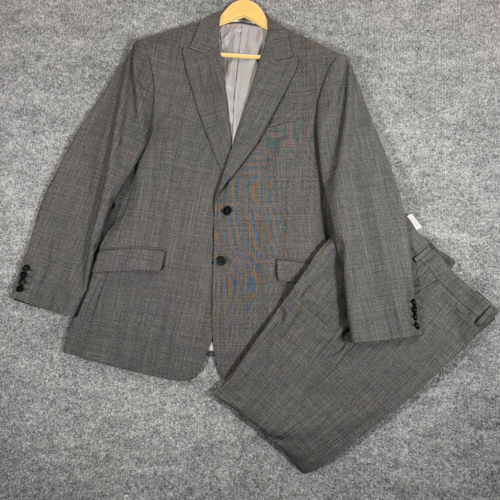 Charles Tyrwhitt Suit Slim Fit Mens 44R 34W Grey Merino Wool Glen Check Plaid